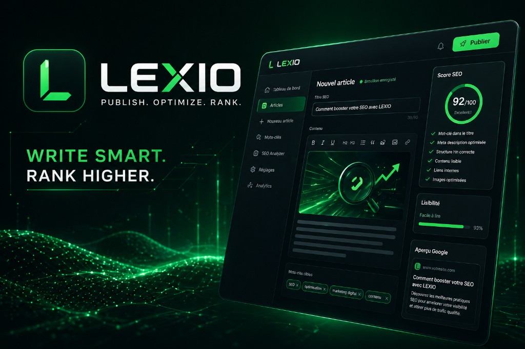 Interface Lexio — tableau de bord SEO et éditeur d'articles